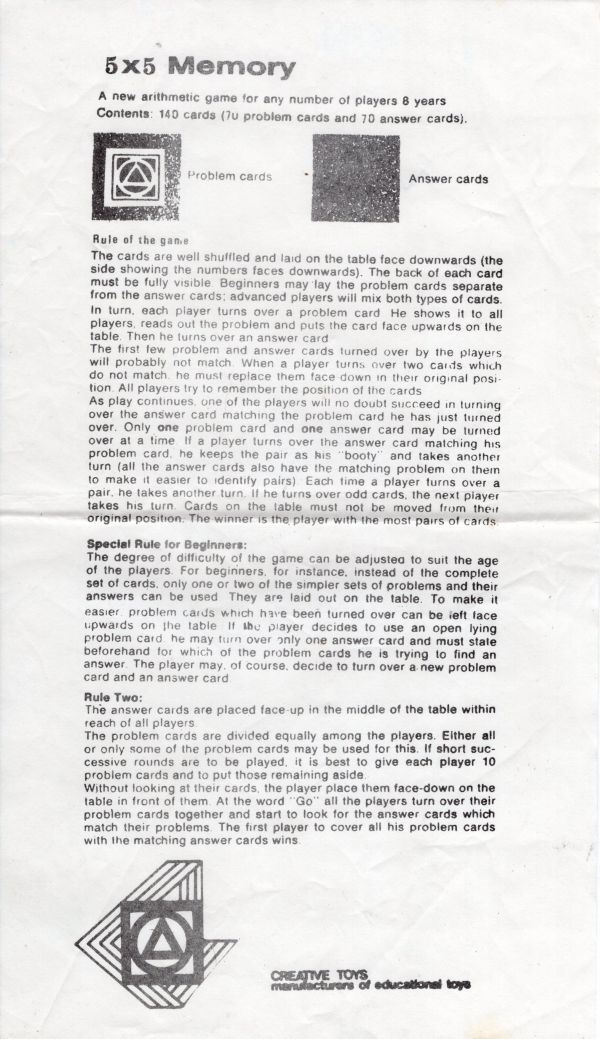 5x5 Memory Game Rules Page 1