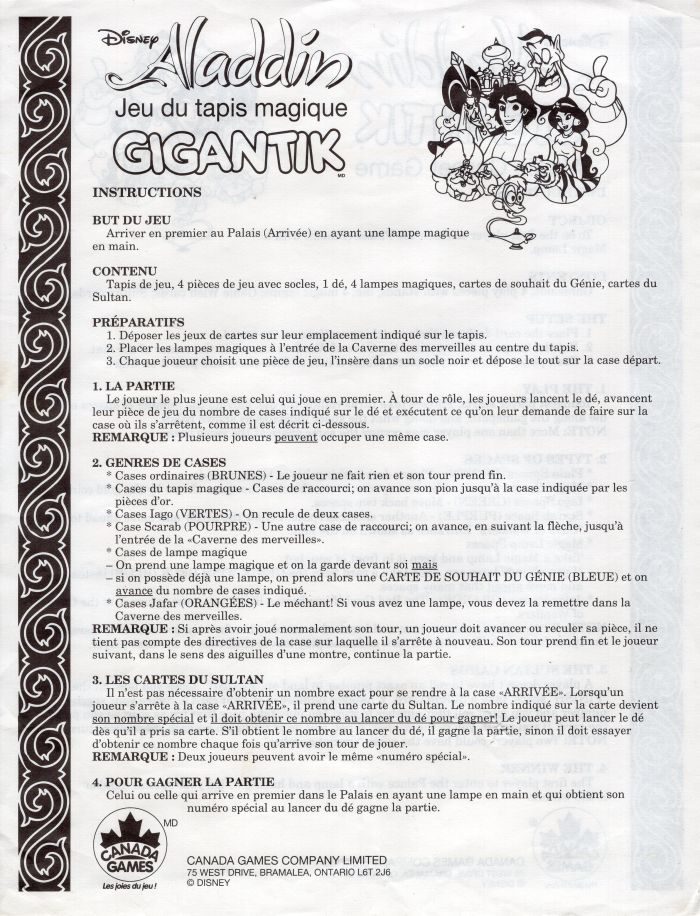 Aladdin Jeu du tapis magique Gigantik Rules Page 1
