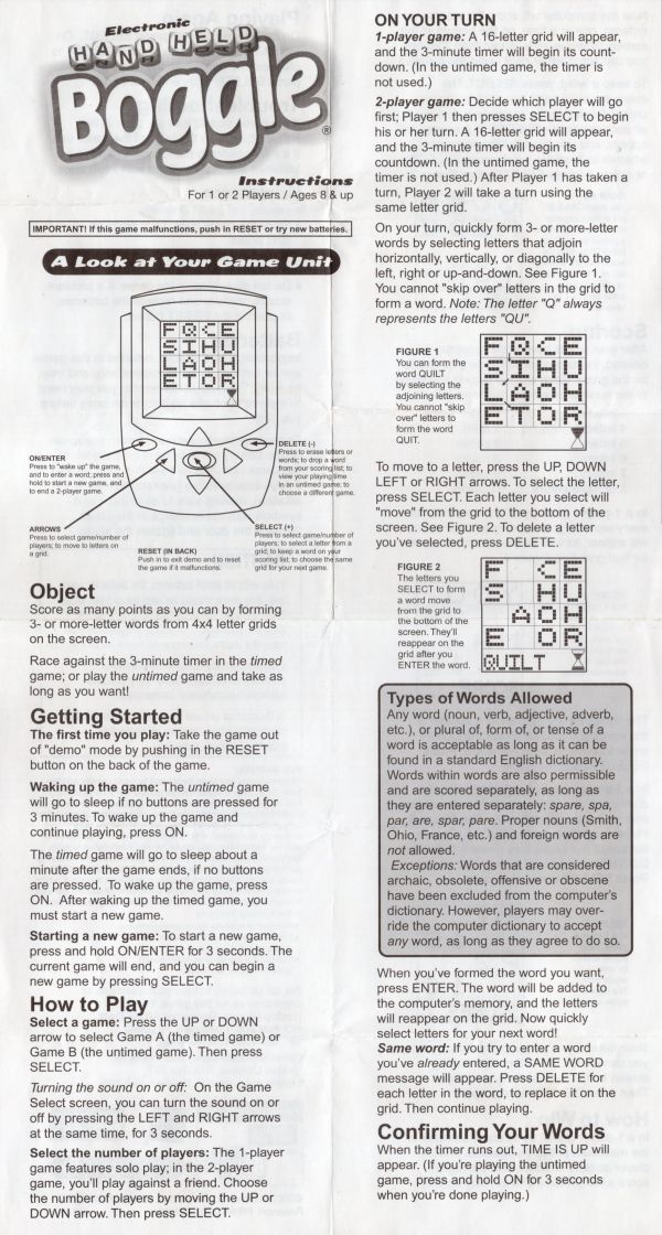 Boggle Electronic Hand Held Rules Page 1