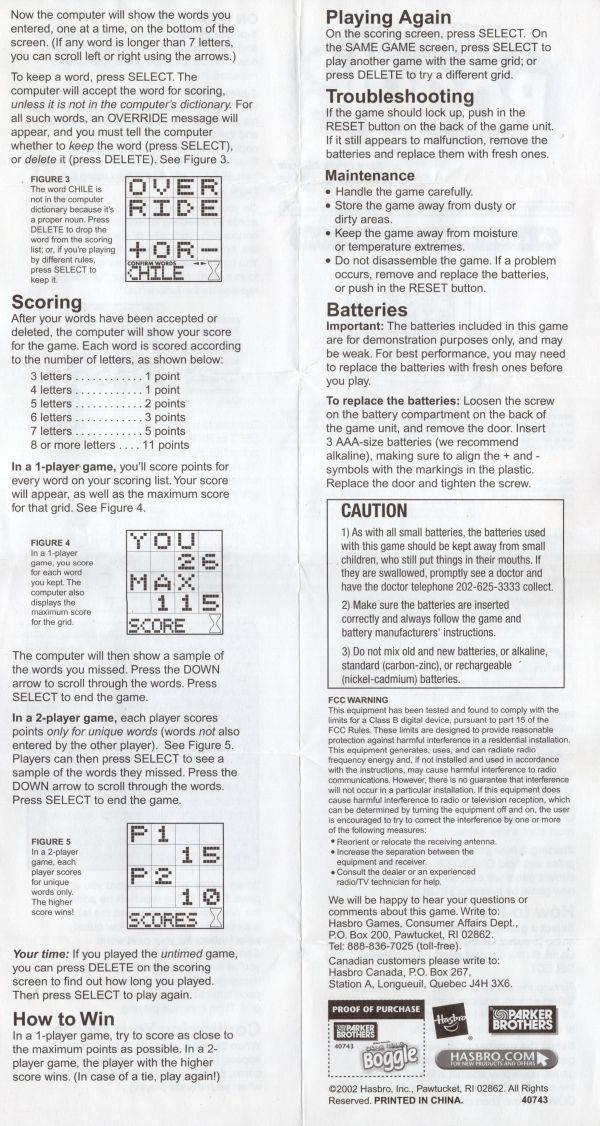 Boggle Electronic Hand Held Rules Page 2