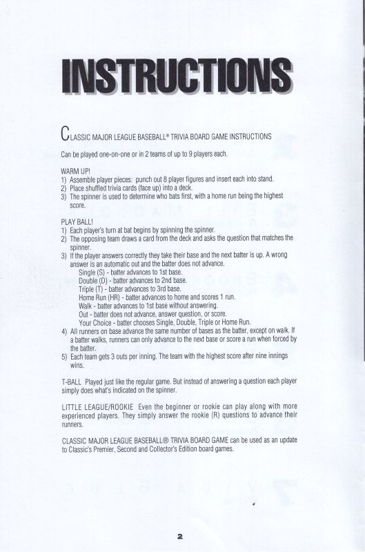 Classic Major League Baseball Trivia Board 1992 Rules Page 3