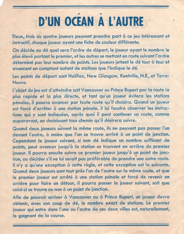D'un océan à l'autre Rules Page 1