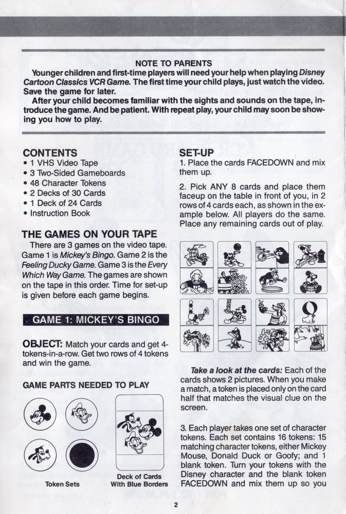 Disney Cartoon Classics VCR Board Game Rules Page 2
