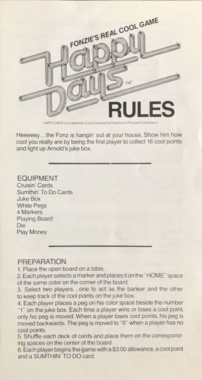 Happy Days - Fonzie's Real Cool Game Rules Page 1