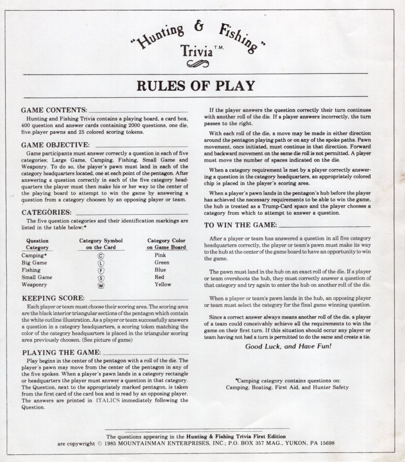 Hunting and Fishing Trivia Rules Page 1