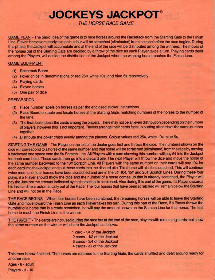 Jockeys Jackpot - The Horse Race Game Rules Page 1