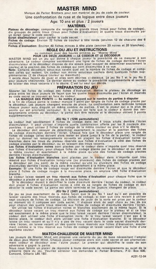 Master Mind Rules Page 1