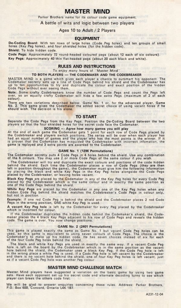Master Mind Rules Page 1