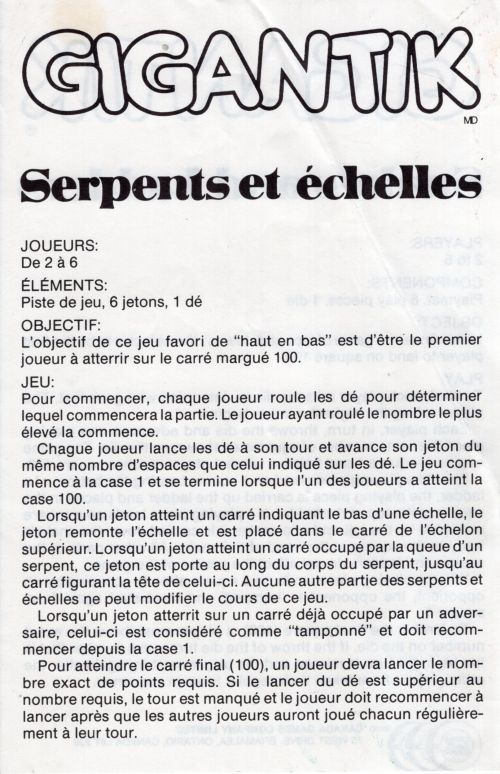 Serpents et échelles, GIGANTIK Rules Page 1