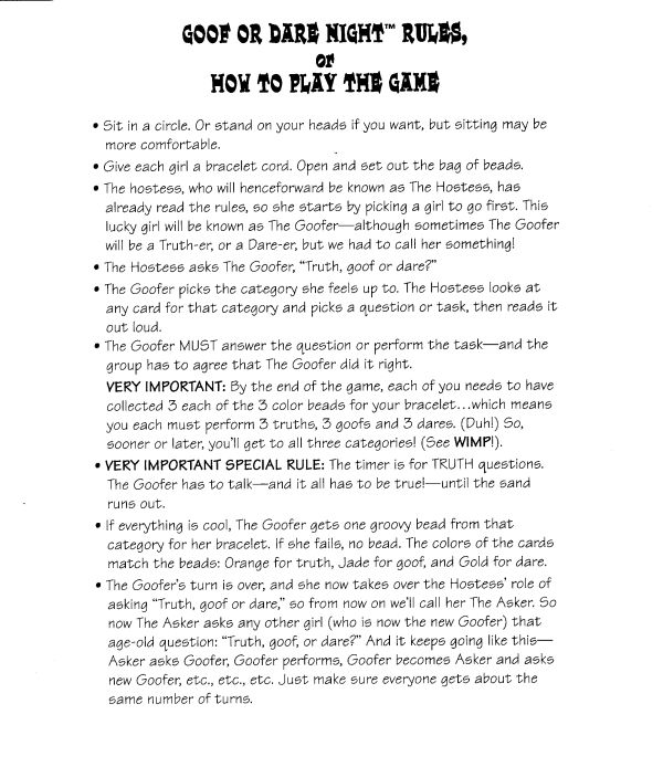 Sleep Over Club - Goof or Dare Night Rules Page 1
