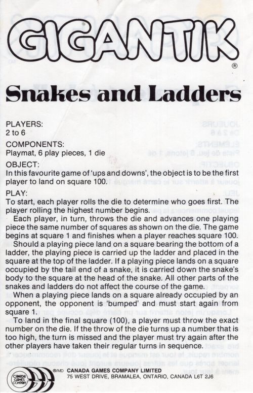 Snakes and Ladders, GIGANTIK Rules Page 1