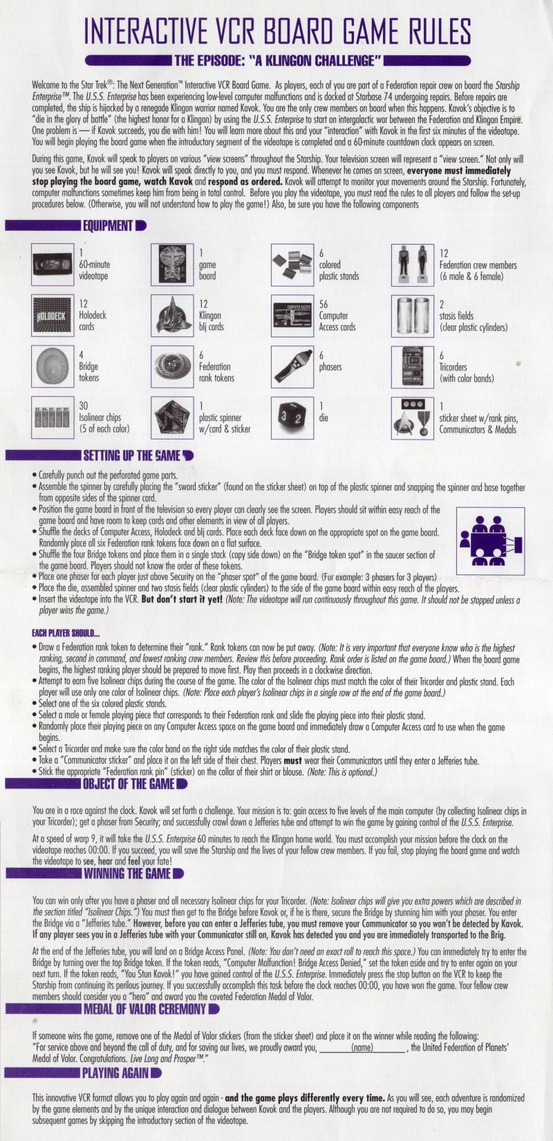 Star Trek VCR The Next Generation -  A Klingon Challenge Rules Page 1