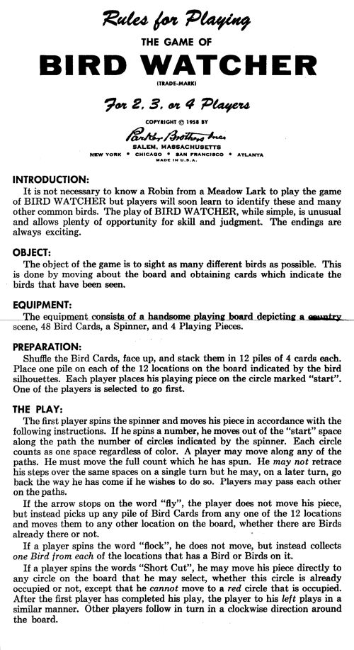 The Game of Bird Watcher Rules Page 1
