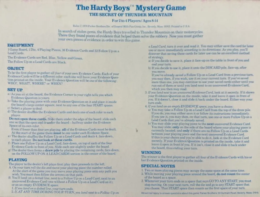 The Hardy Boys Mystery Game - The Secret of Thunder Mountain Rules Page 1