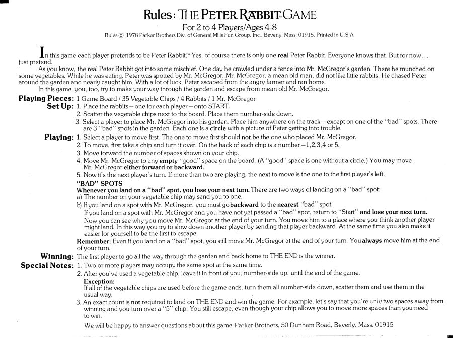 The Peter Rabbit Game Rules Page 1