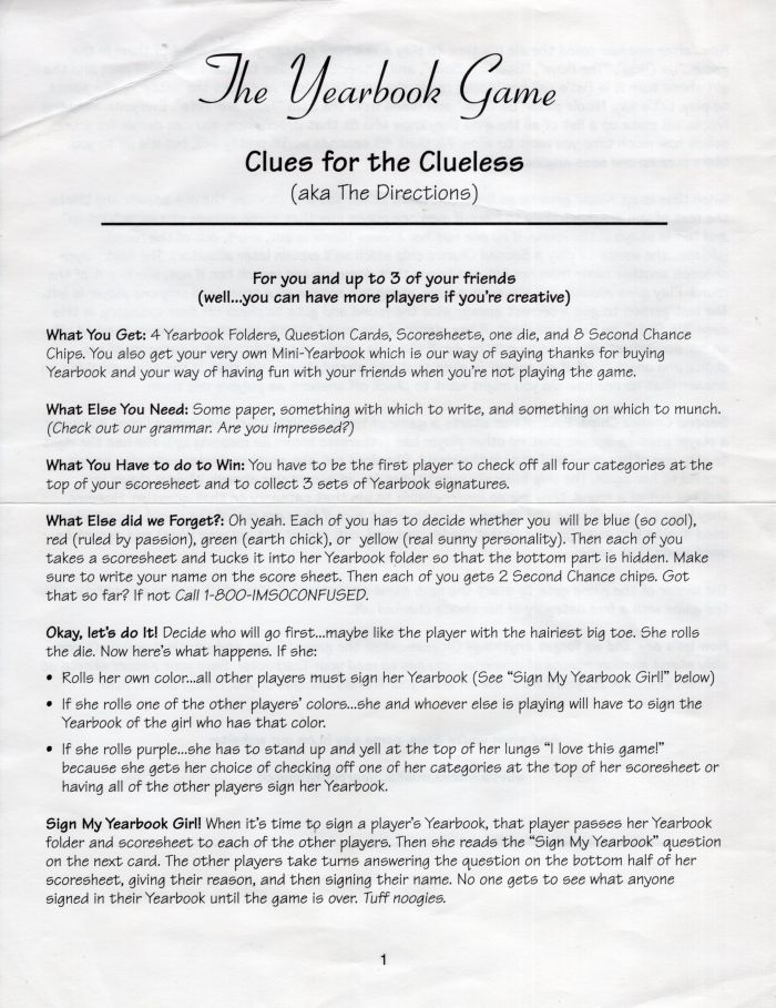 The Yearbook Game Rules Page 1