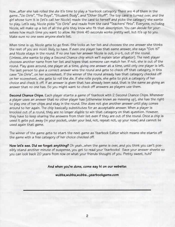 The Yearbook Game Rules Page 2